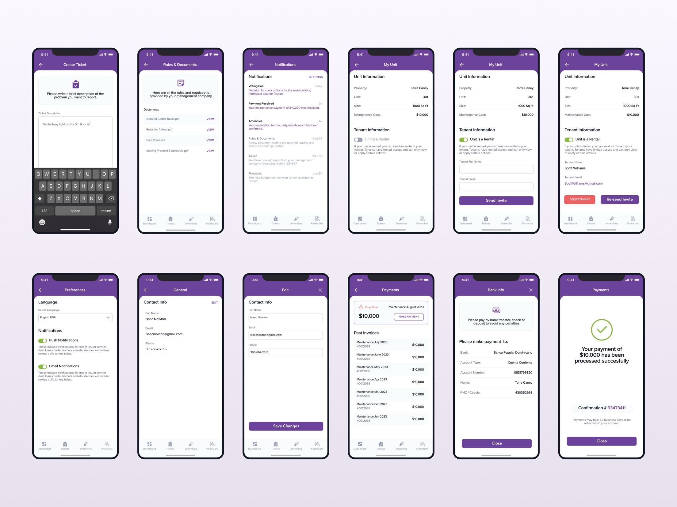 Propel owner app screens